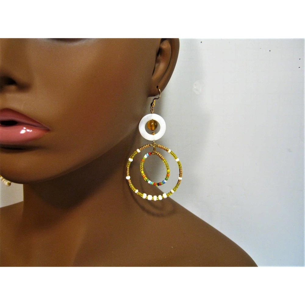 Mother of Pearl Glass beaded BOHO Dangle Hoop Earrings 2.5 in long
